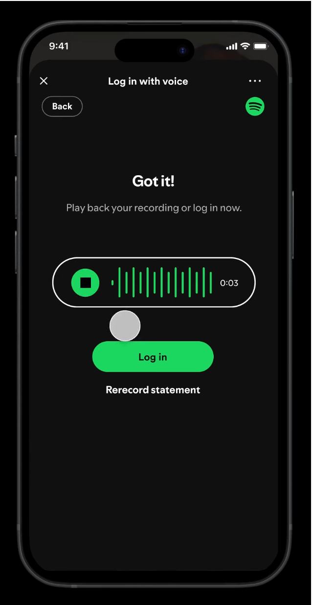 Voice login prototype confirming a recording with a Log in button