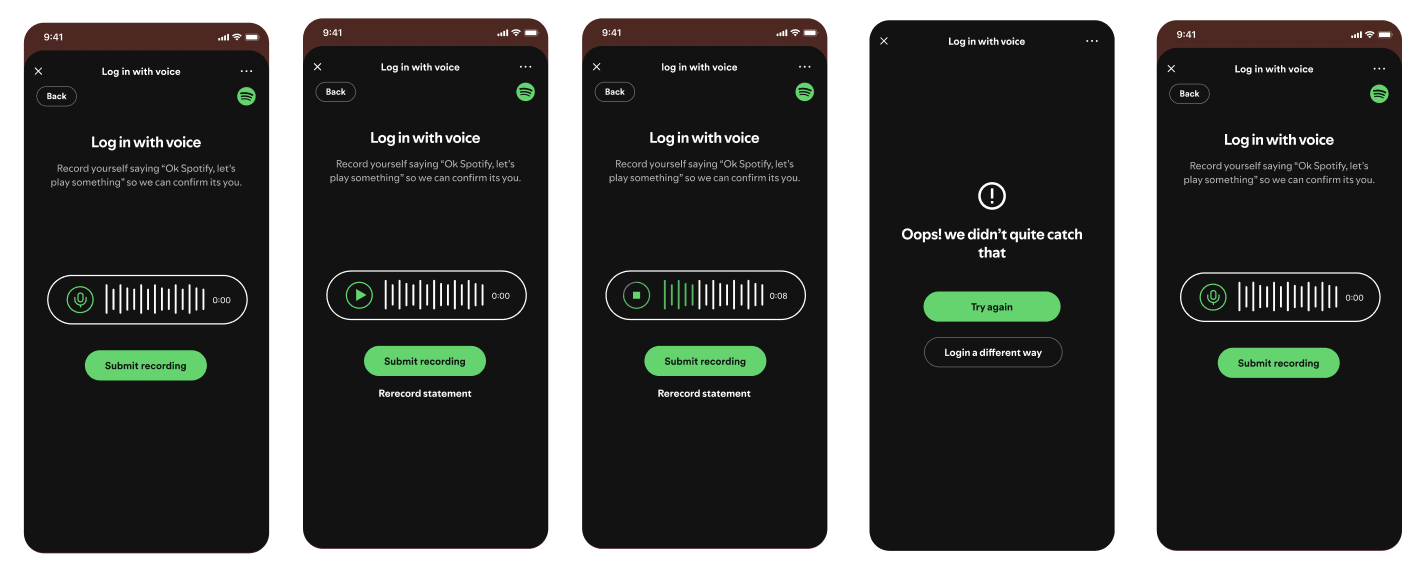 Noise states: recording, playback, a try-again message, and a fresh recording