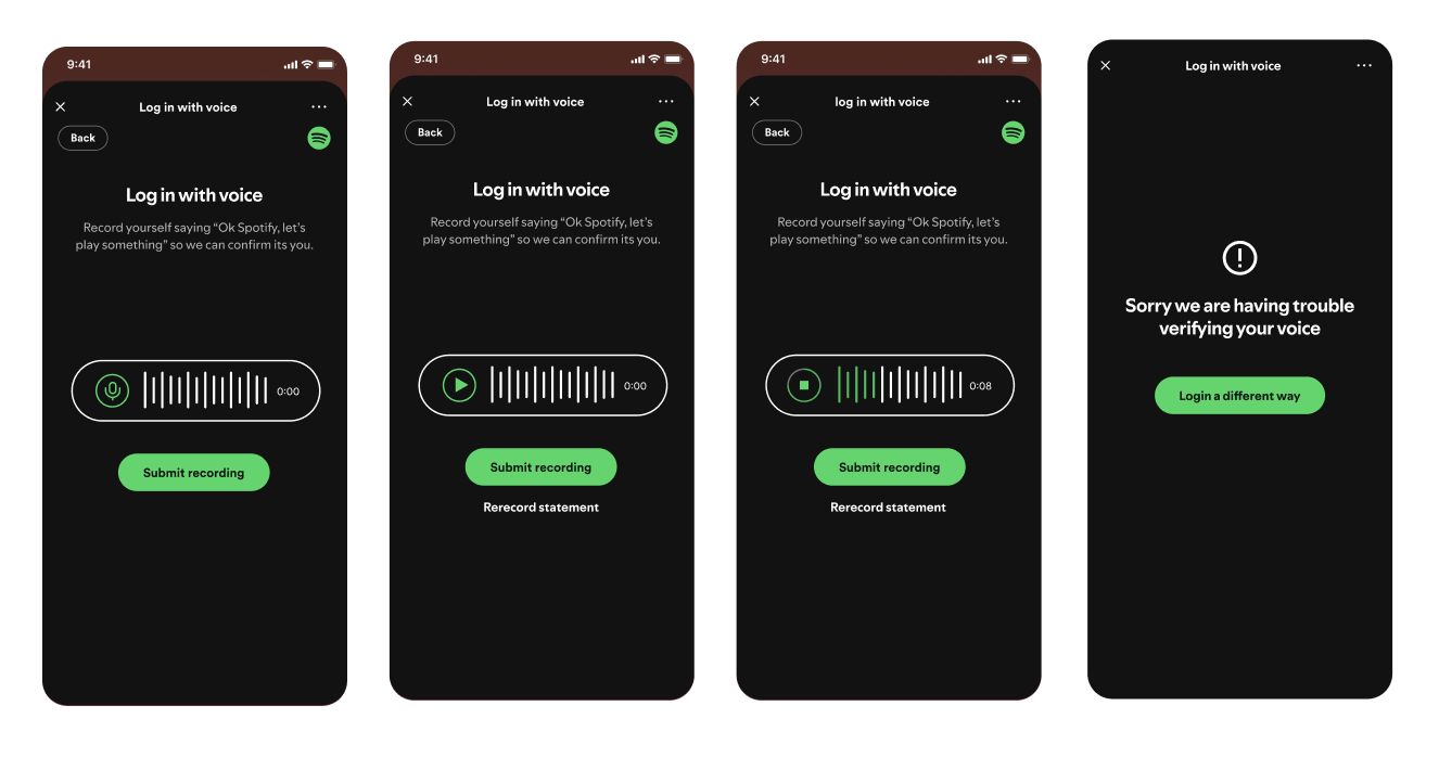 Fraud states: recording, playback, and a message that the voice couldn't be verified with a different login option