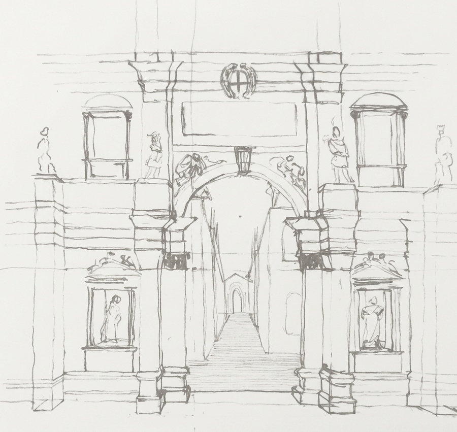Hand-drawn architectural sketch of the Teatro Olimpico
