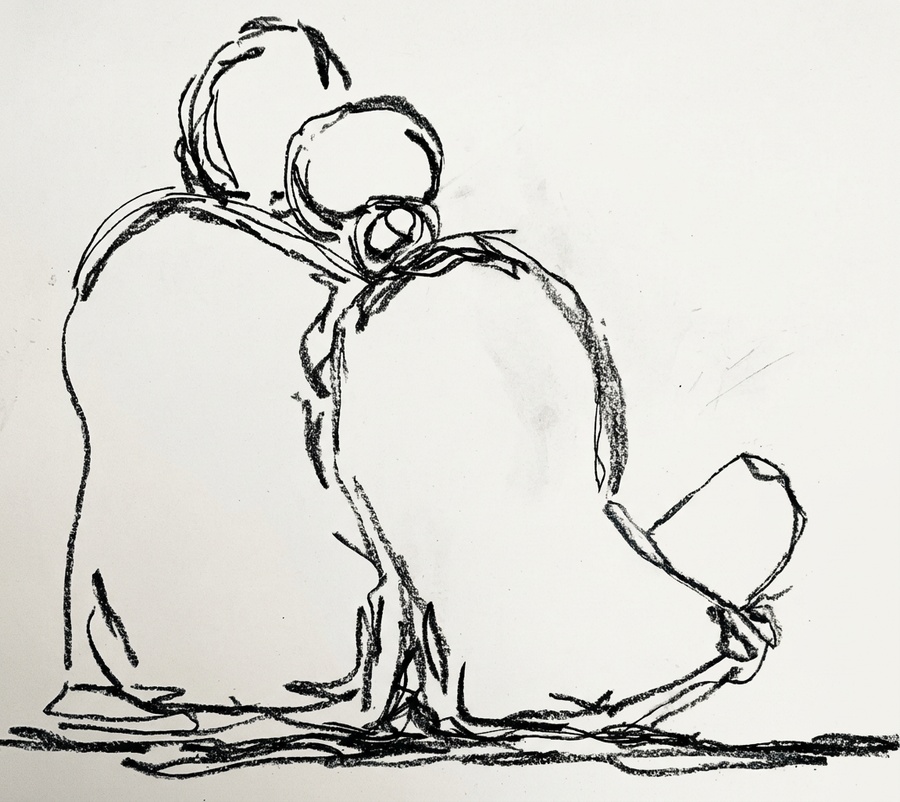 Charcoal figure study of three seated people
