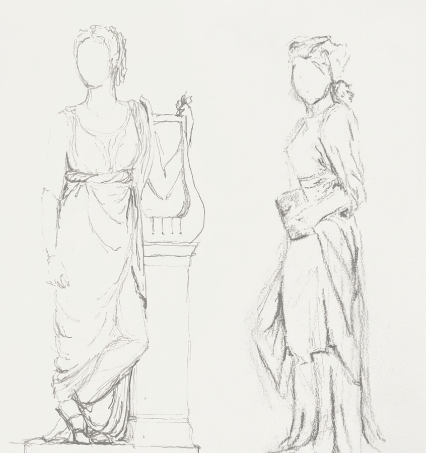 Pencil figure drawing of two classical statues